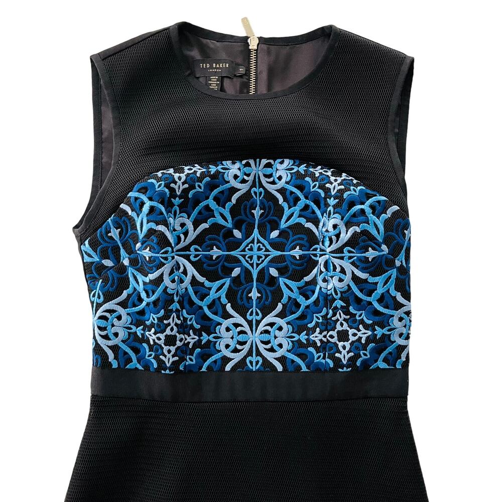 Ted Baker Black Blue Mesh Floral Dress Small/1 Knee Length Pencil Cocktail Party